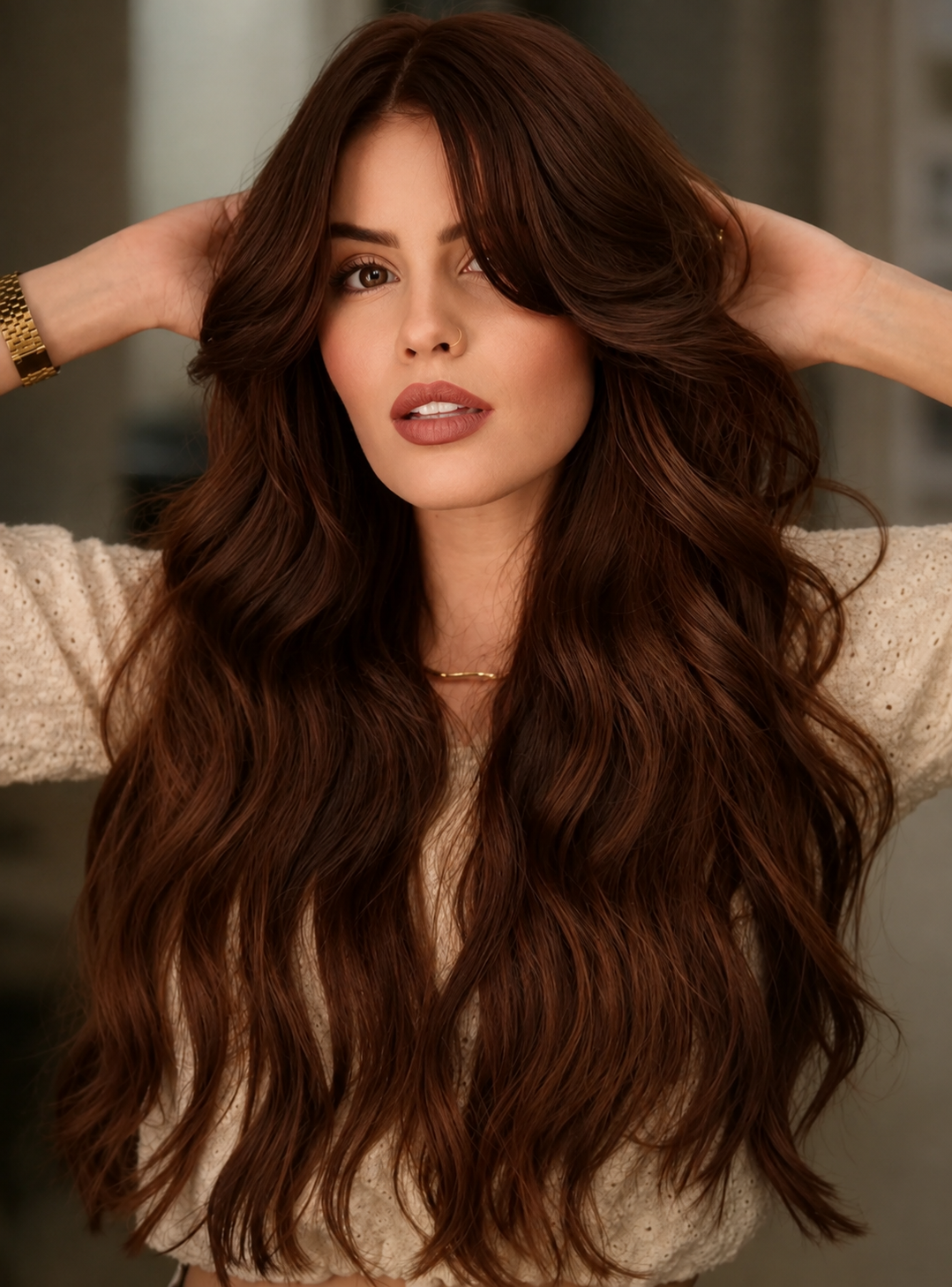 Cliente com coloração castanho acobreado e ondas volumosas feita no Espaço Vincenzo Di Franco